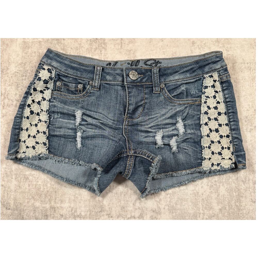 Vanilla Star Juniors Distressed Denim Shorts Lace Trim Mid Rise 5